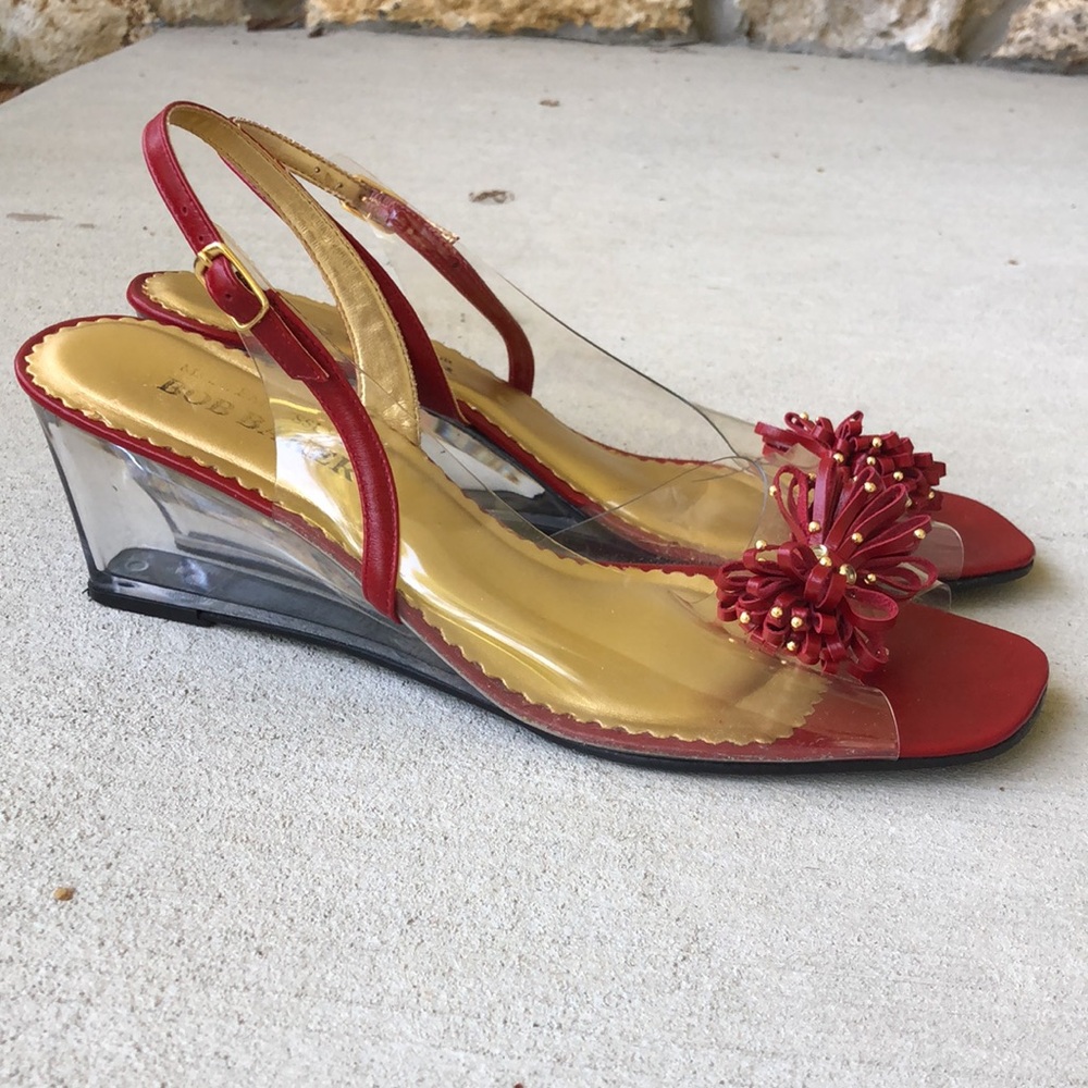 BOB BAKER Clear & Red Bow Front Peep Toe Sling Back Wedge Sandals